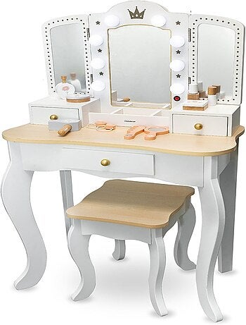 Coiffeuse Enfant Bois avec Tabouret & Miroir LED – Bureau Enfant +3
