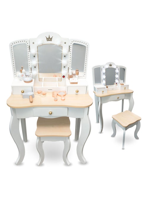 Coiffeuse Enfant Bois avec Tabouret & Miroir LED – Bureau Enfant +3 - Kiabi