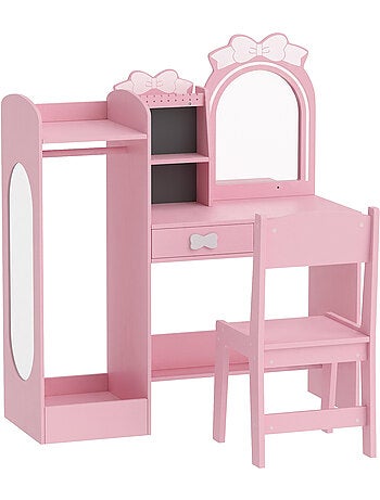 Coiffeuse enfant chaise miroir led multi-rangement rose