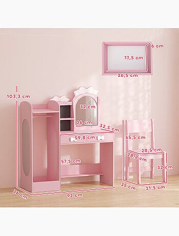 Coiffeuse enfant chaise miroir led multi-rangement rose