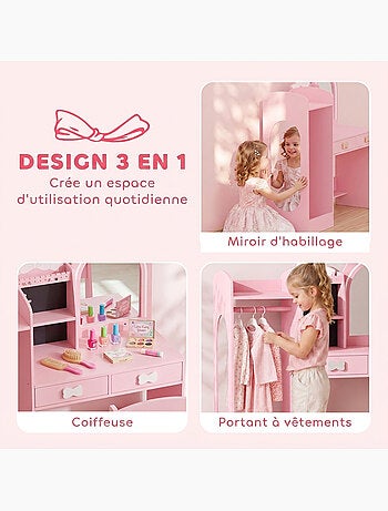 Coiffeuse enfant chaise miroir led multi-rangement rose