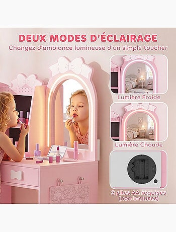 Coiffeuse enfant chaise miroir led multi-rangement rose