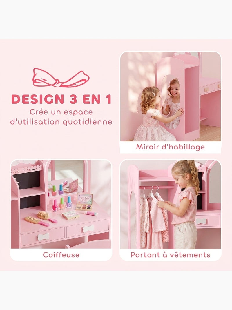 Coiffeuse enfant chaise miroir led multi-rangement rose Rose - Kiabi