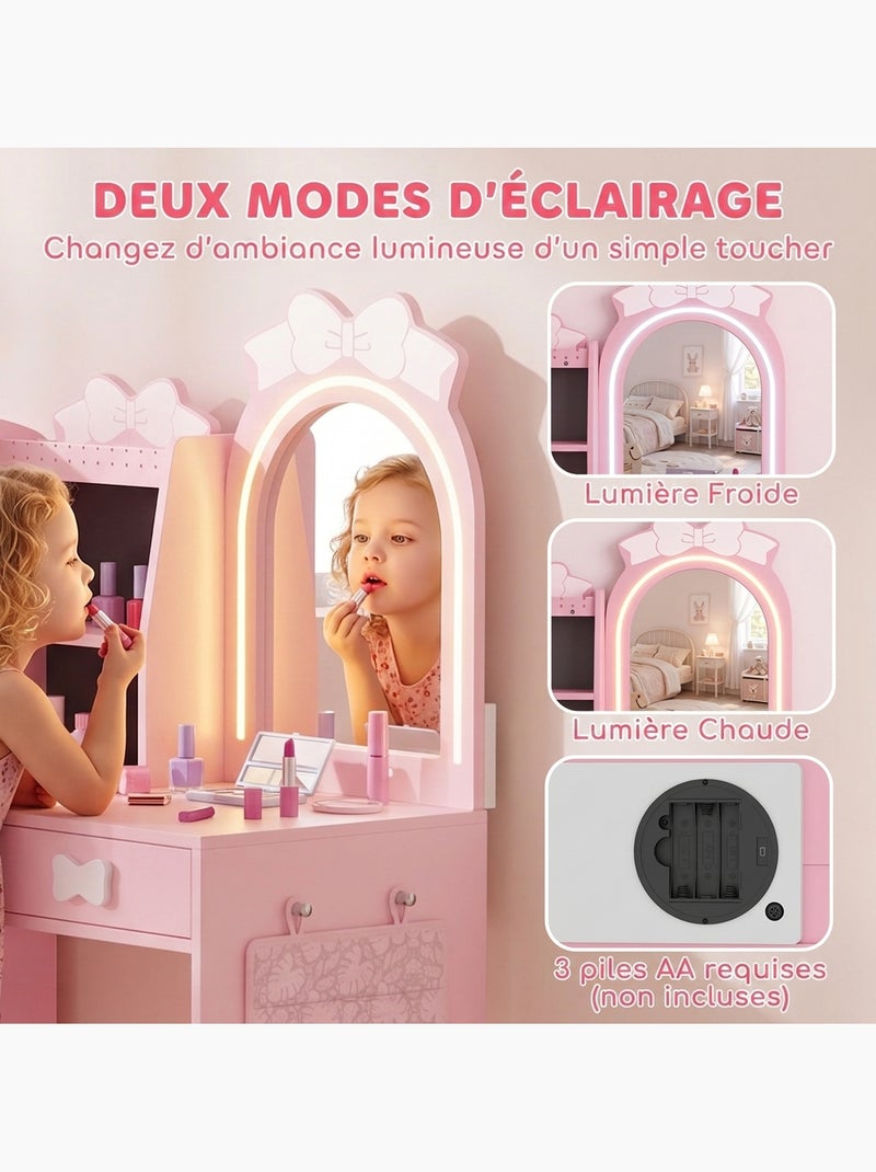Coiffeuse enfant chaise miroir led multi-rangement rose Rose - Kiabi