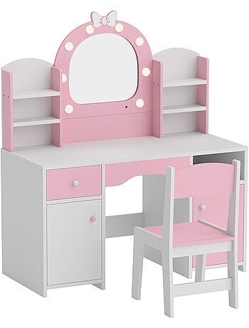 Coiffeuse enfant chaise miroir led réglable multi-rangement blanc rose