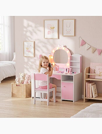 Coiffeuse enfant chaise miroir led réglable multi-rangement blanc rose
