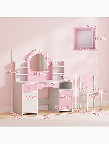 Coiffeuse enfant chaise miroir led réglable multi-rangement blanc rose