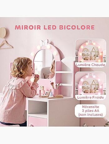 Coiffeuse enfant chaise miroir led réglable multi-rangement blanc rose