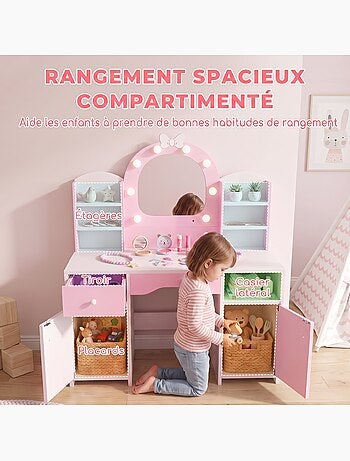 Coiffeuse enfant chaise miroir led réglable multi-rangement blanc rose