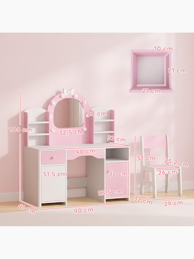 Coiffeuse enfant chaise miroir led réglable multi-rangement blanc rose Rose - Kiabi