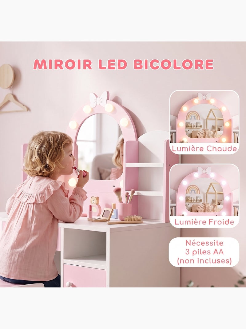 Coiffeuse enfant chaise miroir led réglable multi-rangement blanc rose Rose - Kiabi