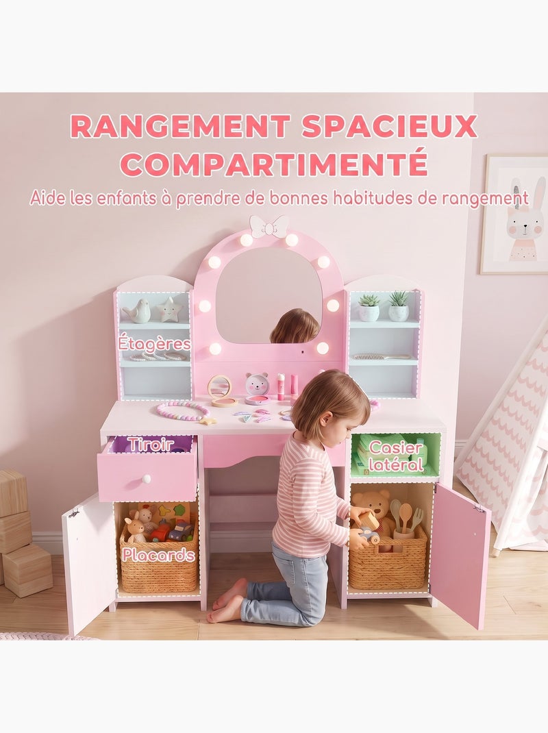 Coiffeuse enfant chaise miroir led réglable multi-rangement blanc rose Rose - Kiabi