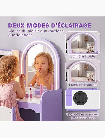 Coiffeuse enfant chaise miroir led violet