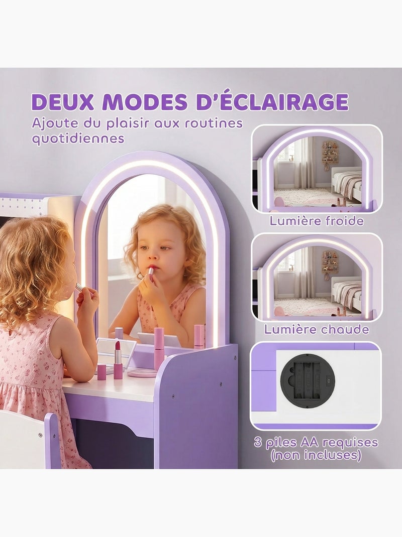 Coiffeuse enfant chaise miroir led violet Violet - Kiabi