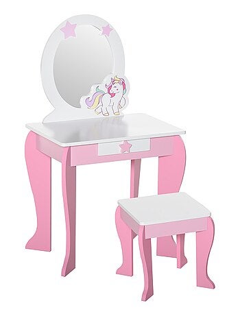 Coiffeuse enfant design licorne - tabouret inclus - tiroir, miroir - MDF rose blanc