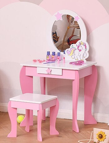Coiffeuse enfant design licorne - tabouret inclus - tiroir, miroir - MDF rose blanc