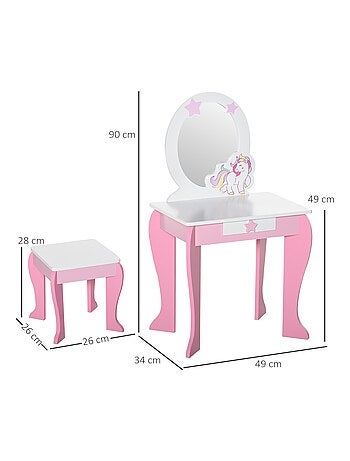 Coiffeuse enfant design licorne - tabouret inclus - tiroir, miroir - MDF rose blanc