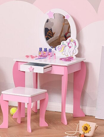 Coiffeuse enfant design licorne - tabouret inclus - tiroir, miroir - MDF rose blanc