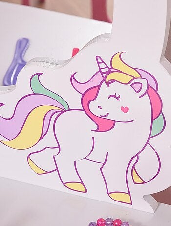 Coiffeuse enfant design licorne - tabouret inclus - tiroir, miroir - MDF rose blanc