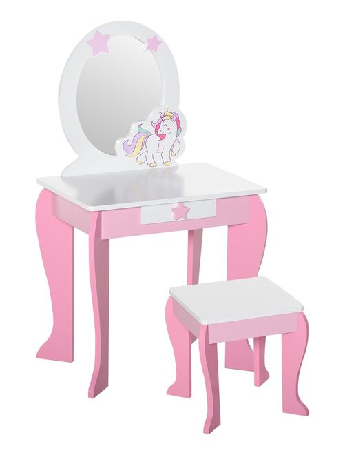 Coiffeuse enfant design licorne - tabouret inclus - tiroir, miroir - MDF rose blanc - Kiabi