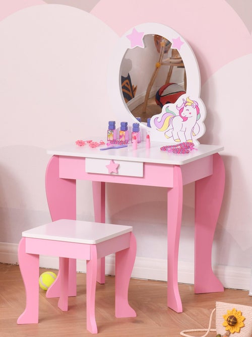 Coiffeuse enfant design licorne - tabouret inclus - tiroir, miroir - MDF rose blanc - Kiabi