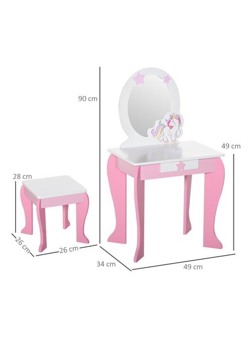 Coiffeuse enfant design licorne - tabouret inclus - tiroir, miroir - MDF rose blanc - Kiabi