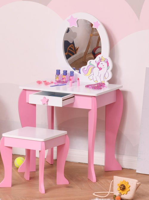 Coiffeuse enfant design licorne - tabouret inclus - tiroir, miroir - MDF rose blanc - Kiabi