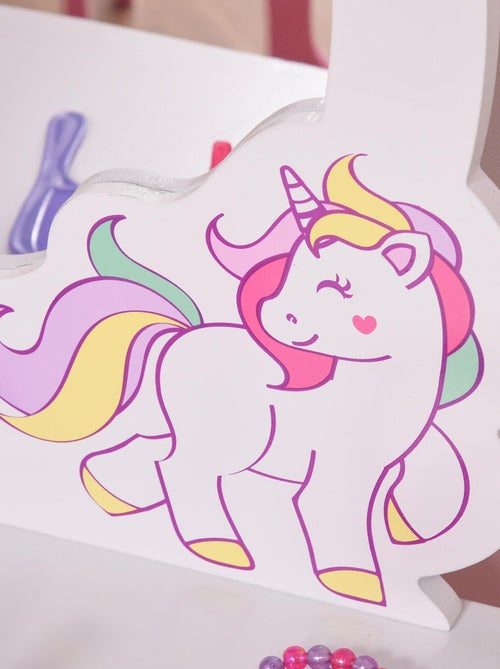Coiffeuse enfant design licorne - tabouret inclus - tiroir, miroir - MDF rose blanc - Kiabi