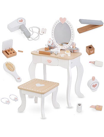 Coiffeuse enfant en bois avec tabouret & accessoires, Meuble de Maquillage en Bois
