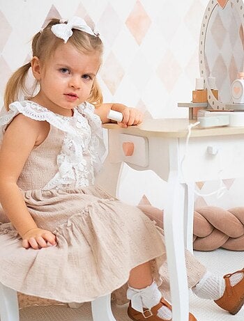 Coiffeuse enfant en bois avec tabouret & accessoires, Meuble de Maquillage en Bois