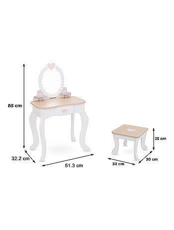 Coiffeuse enfant en bois avec tabouret & accessoires, Meuble de Maquillage en Bois