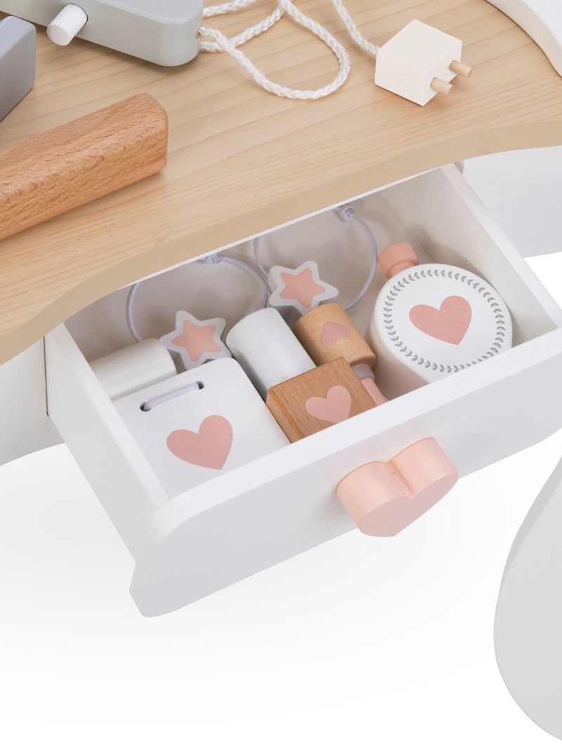 Coiffeuse enfant en bois avec tabouret & accessoires, Meuble de Maquillage en Bois Blanc Beige - Kiabi