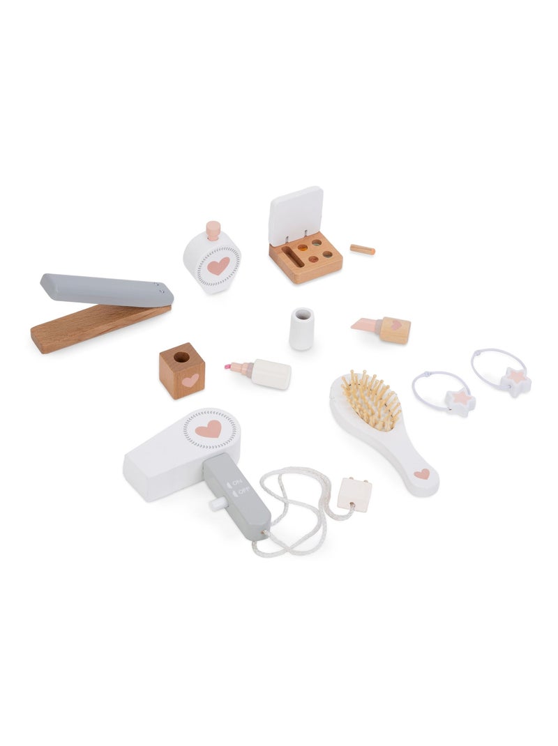 Coiffeuse enfant en bois avec tabouret & accessoires, Meuble de Maquillage en Bois Blanc Beige - Kiabi