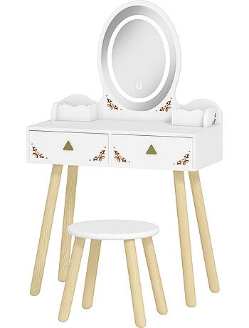 Coiffeuse enfant en bois style scandinave - tabouret assorti, miroir led