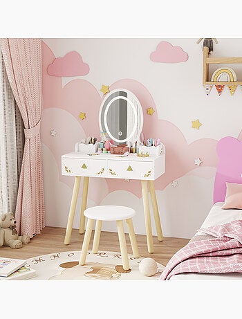 Coiffeuse enfant en bois style scandinave - tabouret assorti, miroir led