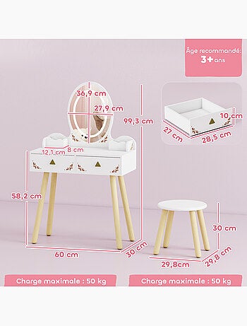Coiffeuse enfant en bois style scandinave - tabouret assorti, miroir led
