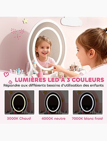 Coiffeuse enfant en bois style scandinave - tabouret assorti, miroir led