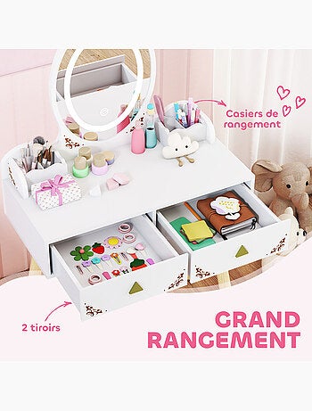 Coiffeuse enfant en bois style scandinave - tabouret assorti, miroir led