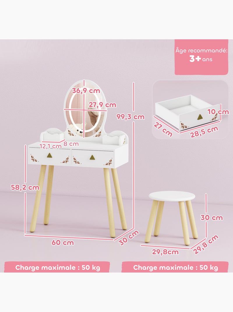 Coiffeuse enfant en bois style scandinave - tabouret assorti, miroir led Blanc Blanc - Kiabi