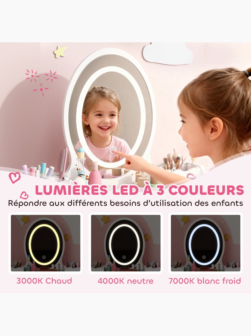 Coiffeuse enfant en bois style scandinave - tabouret assorti, miroir led Blanc Blanc - Kiabi