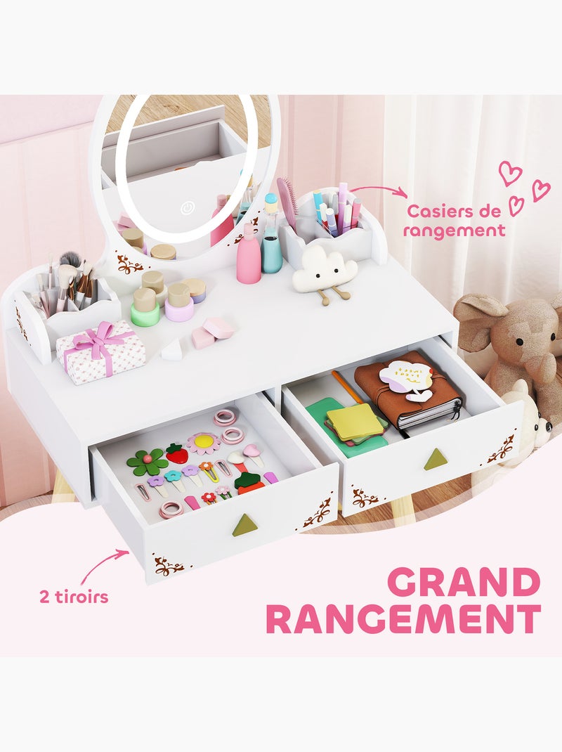 Coiffeuse enfant en bois style scandinave - tabouret assorti, miroir led Blanc Blanc - Kiabi