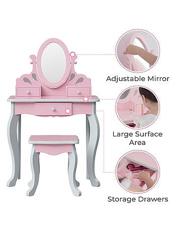 Coiffeuse Enfant En Bois Table Maquillage Avec Miroir Et Tabouret