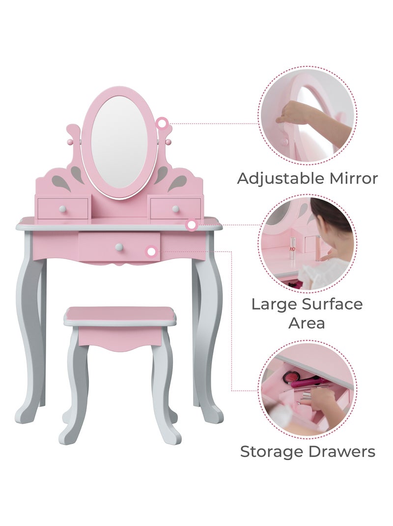 Coiffeuse Enfant En Bois Table Maquillage Avec Miroir Et Tabouret Rose - Kiabi