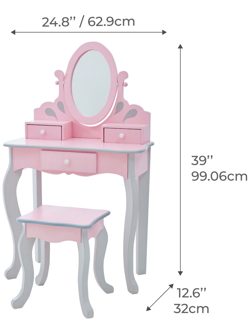 Coiffeuse Enfant En Bois Table Maquillage Avec Miroir Et Tabouret Rose - Kiabi