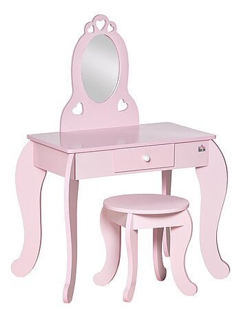 Coiffeuse enfant et tabouret design girly avec motifs à cœur rose