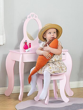 Coiffeuse enfant et tabouret design girly avec motifs à cœur rose