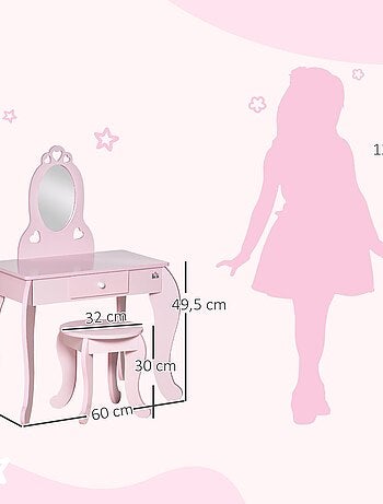 Coiffeuse enfant et tabouret design girly avec motifs à cœur rose