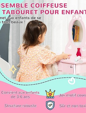 Coiffeuse enfant et tabouret design girly avec motifs à cœur rose
