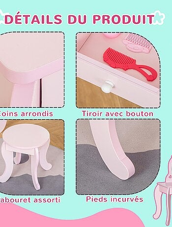 Coiffeuse enfant et tabouret design girly avec motifs à cœur rose