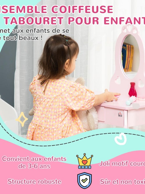 Coiffeuse enfant et tabouret design girly avec motifs à cœur rose - Kiabi